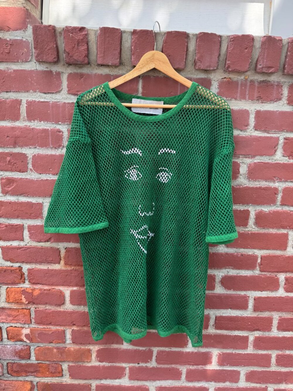 William Okpo Green Mesh Netted Printed Man Short Sleeve Knit Top Y2K